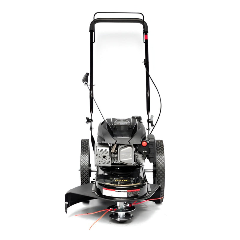 Rear view of the Rato RCV22 high wheel trimmer showing wide tread wheels, durable steel frame, and 22-inch cutting path with dual trimming lines. Petrol-powered walk-behind string trimmer designed for heavy-duty grass, weeds, and rough terrain maintenance.