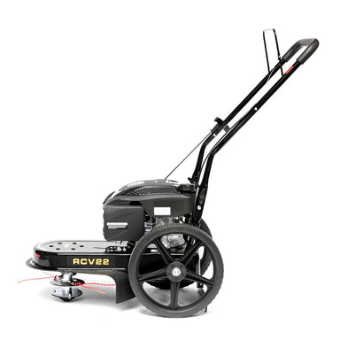 Side view of the Rato RCV22 high wheel trimmer with 22-inch cutting width, large durable wheels, and ergonomic handle design. Petrol-powered string trimmer ideal for cutting thick grass, tall weeds, and overgrown areas on rough and uneven terrain.