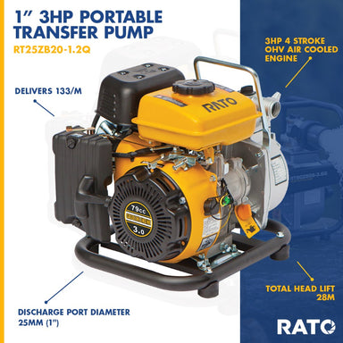 Rato RT25ZB20-1.2Q portable transfer pump with 1-inch discharge port, 79cc 3hp 4-stroke OHV engine, delivering 133 liters per minute with a 28m total head lift. Ideal for garden watering, irrigation, tank filling, and water transfer tasks.