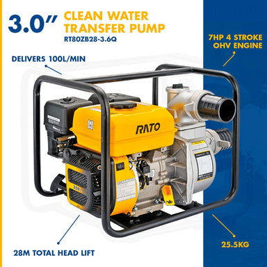 Rato RT80ZB28-3.6Q 3-inch clean water transfer pump with 7hp 4-stroke OHV petrol engine, 28m total head lift, 100L/min flow rate, and 25.5kg weight. Ideal for irrigation, farms, pools, and construction water transfer applications