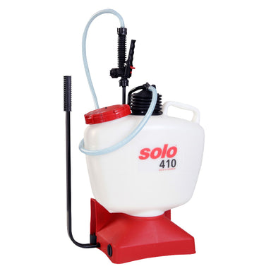 Solo 410 10-litre manual backpack sprayer with red base and screw cap, black wand, and flexible hose. Designed for easy carrying and precise spraying of pesticides, herbicides, and fertilizers in gardens and farms.