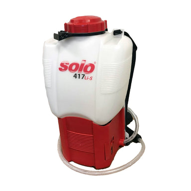 Solo 417Li-S 10-litre battery-operated backpack sprayer with white tank, red base, and shoulder straps for comfort. Ideal for efficient application of fertilizers, herbicides, and pesticides in gardens, lawns, and agricultural areas.
