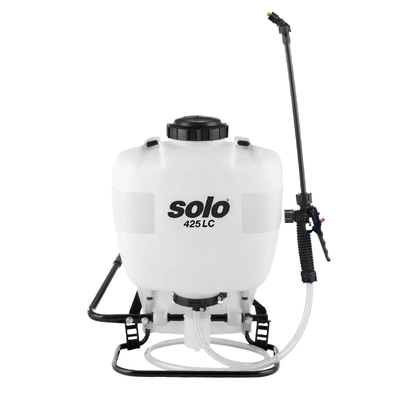 Solo 425LC 15-litre manual backpack sprayer with durable white tank, black wand, and ergonomic frame. Ideal for spraying herbicides, pesticides, and fertilizers in large gardens, farms, and landscaping applications. Made for professional use.