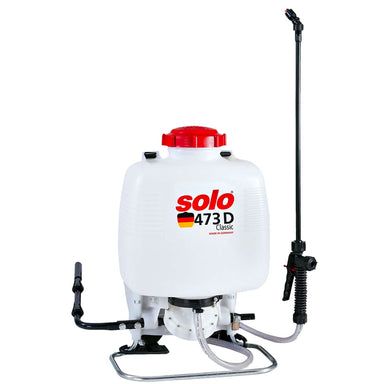 Solo 473D Classic 10-litre backpack sprayer with ergonomic handles, durable white tank, and adjustable spray wand for efficient and comfortable chemical or water application.