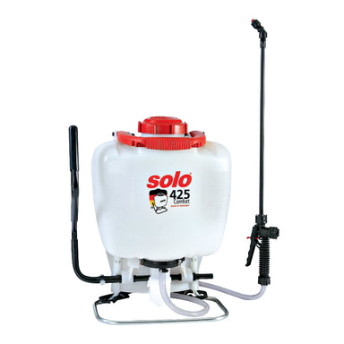 Solo 425 15-litre  backpack sprayer with white tank, red cap, and adjustable spray wand. Durable and ergonomic design for applying herbicides, pesticides, and fertilizers in garden, agricultural, and commercial use. Made in Germany.