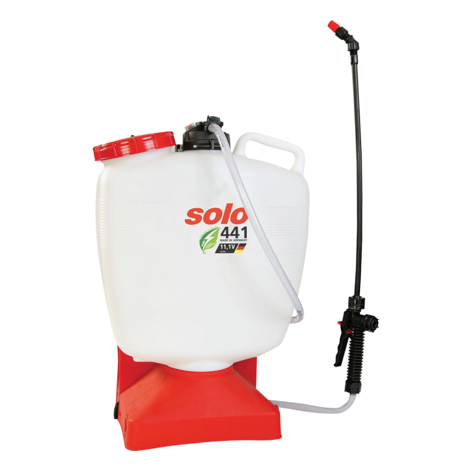 Solo 441 16-litre battery-powered backpack sprayer with ergonomic red and white tank design, flexible spray wand, and rechargeable 11.1V lithium-ion battery for effortless chemical application.