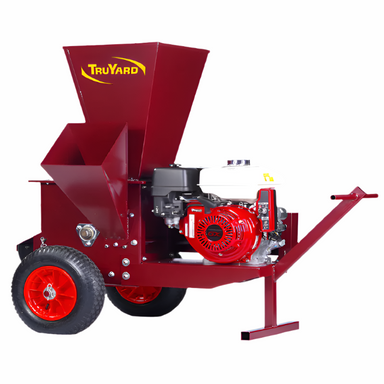 The Truyard CM90270 is powered by a Honda GX270 engine with pull-start ignition, twin hardened carbon‑steel chipper blades, and 28 reversible flywheel hammers. It chips branches up to 90 mm, is built from steel, and weighs 135 kg.

