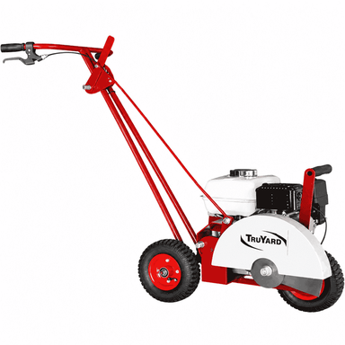 Truyard GE30 Commercial Edger shown on a white background, highlighting the red frame, long handle, Honda-powered engine area, wheels and guarded steel cutting blade.