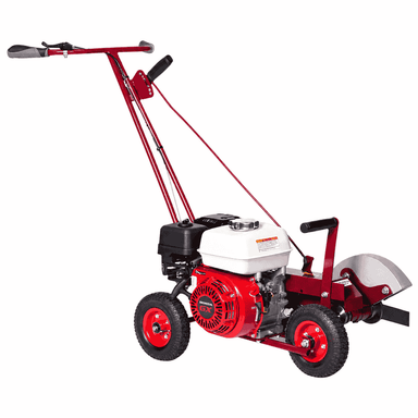 Truyard GE30 Commercial Edger shown on a white background from the front engine side, highlighting the Honda GX200 engine, red frame, wheels, handle and guarded cutting blade.