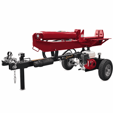 Truyard LS30 Log Splitter shown in horizontal configuration, featuring the hydraulic splitting beam, petrol engine, tow hitch, jockey stand and large pneumatic transport wheels.