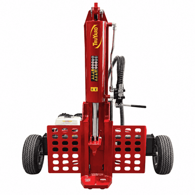 Truyard LS30 Log Splitter shown in vertical configuration, featuring the hydraulic splitting ram, control lever, log support tables and pneumatic transport wheels.