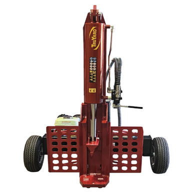 Front view of the Truyard LS30 Log Splitter powered by a Honda GX200 engine, showcasing its vertical position. The robust hydraulic system, protective side panels, and heavy-duty steel construction make it ideal for efficiently splitting large, tough logs with precision.