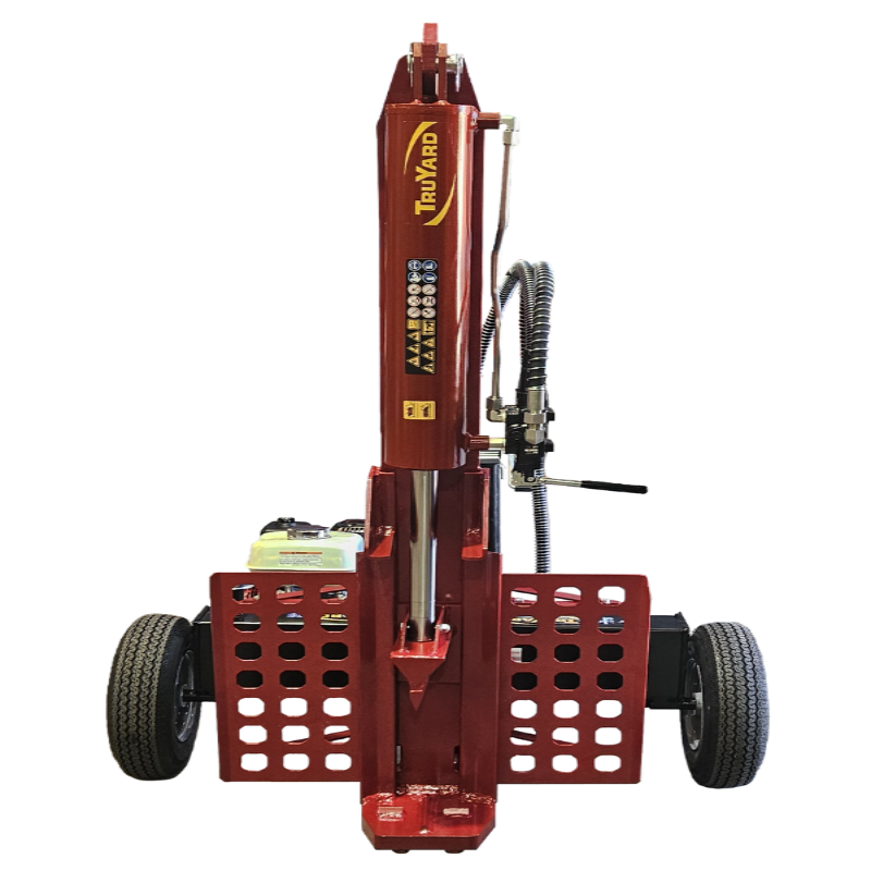 Front view of the Truyard LS30 Log Splitter powered by a Honda GX200 engine, showcasing its vertical position. The robust hydraulic system, protective side panels, and heavy-duty steel construction make it ideal for efficiently splitting large, tough logs with precision.