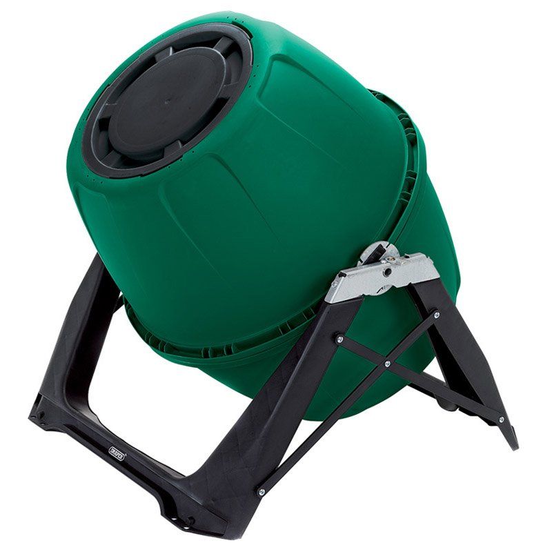 Draper tumbling garden composter with rotating green drum and metal support frame, used to turn food and garden waste easily, improving aeration and speeding up compost production for healthier soil.