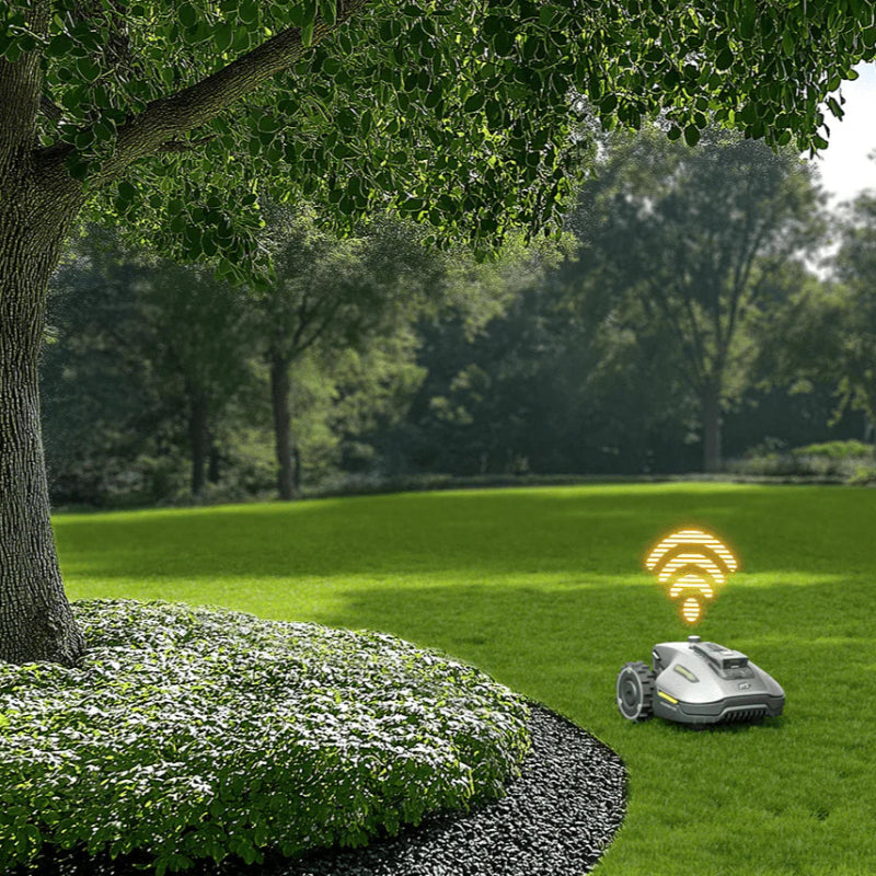 A Mammotion YUKA mini robotic mower operates on a bright green lawn surrounded by trees and a shaded garden house, with a glowing Wi-Fi icon above it symbolizing strong signal and seamless GPS connection under dense tree cover.