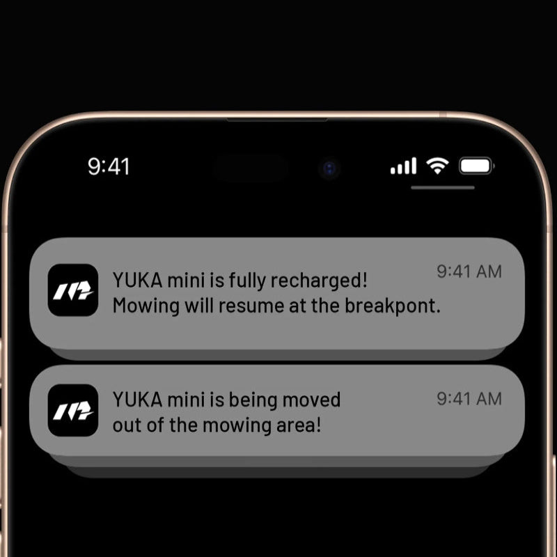 A smartphone screen showing YUKA mini app notifications about recharging and movement alerts, demonstrating real-time updates and smart control features for seamless, worry-free robotic lawn mowing management.