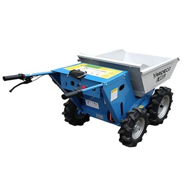 The Yardeco E-Wheel electric mini dumper, shown from the rear, features a sturdy steel frame, large off-road tires, ergonomic dual handles, and a spacious steel tray for hauling materials. Ideal for landscaping, construction, and farm tasks with powered mobility.