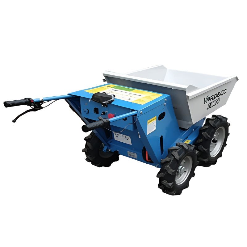 The Yardeco E-Wheel electric mini dumper, shown from the rear, features a sturdy steel frame, large off-road tires, ergonomic dual handles, and a spacious steel tray for hauling materials. Ideal for landscaping, construction, and farm tasks with powered mobility.