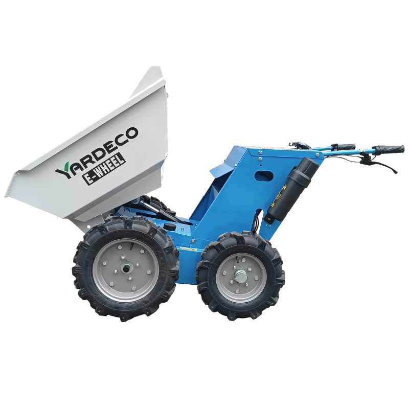 Side profile of a Yardeco E-Wheel electric mini dumper with its white hopper raised for unloading. The blue frame supports four rugged off-road tyres, and ergonomic handlebars with controls provide ease of operation for landscaping, gardening, and construction applications