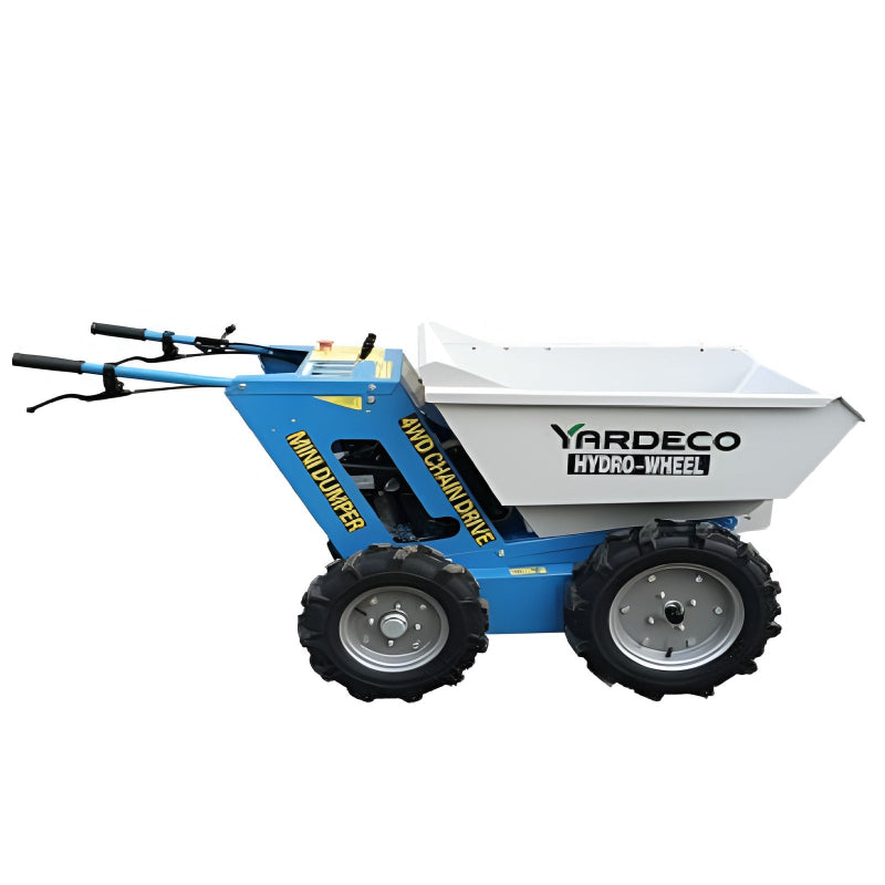 The Yardeco Hydro-Wheel Mini Dumper features a 4WD chain drive for powerful traction and stability. Built for heavy-duty transport tasks, it has a robust blue steel frame, large all-terrain tyres, and a spacious white hopper for efficient material handling