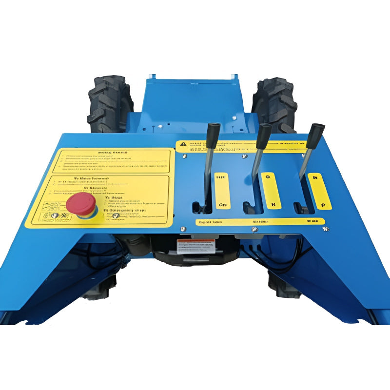 Close-up of the Yardeco Hydro-Wheel Mini Dumper’s control panel, showcasing its robust blue metal frame, yellow instruction labels, and three black levers for forward, reverse, and parking control. Designed for heavy-duty landscaping and construction work with precise operational control