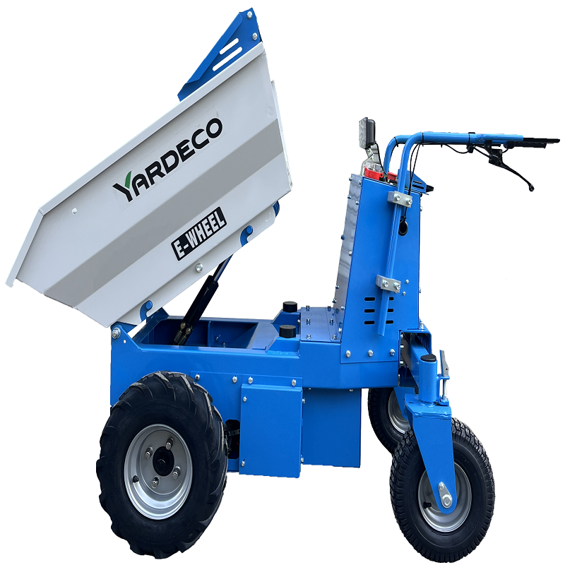 The Yardeco PW51000H electric mini dumper is shown in a side profile with its skip raised. Designed for heavy-duty material transport, it features durable pneumatic tires, sturdy steel construction, ergonomic handlebar controls, and a front caster wheel for maneuverability in tight spaces