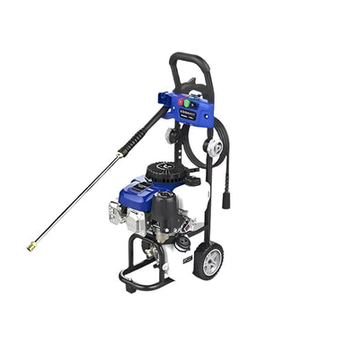Pressure washer with blue and black design on a white background