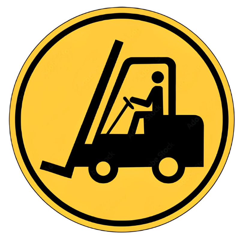 yellow circular warning sign with a black silhouette of a person operating a forklift. The symbol indicates forklift activity or heavy machinery presence, often used in areas handling loads over 100 kilograms for safety awareness