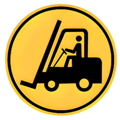Over 100kg safety warning depicts a yellow circular caution sign with a black icon of a forklift and operator. This symbol is used to indicate areas where forklifts operate or where loads exceeding 100 kilograms require safety precautions and proper handling.